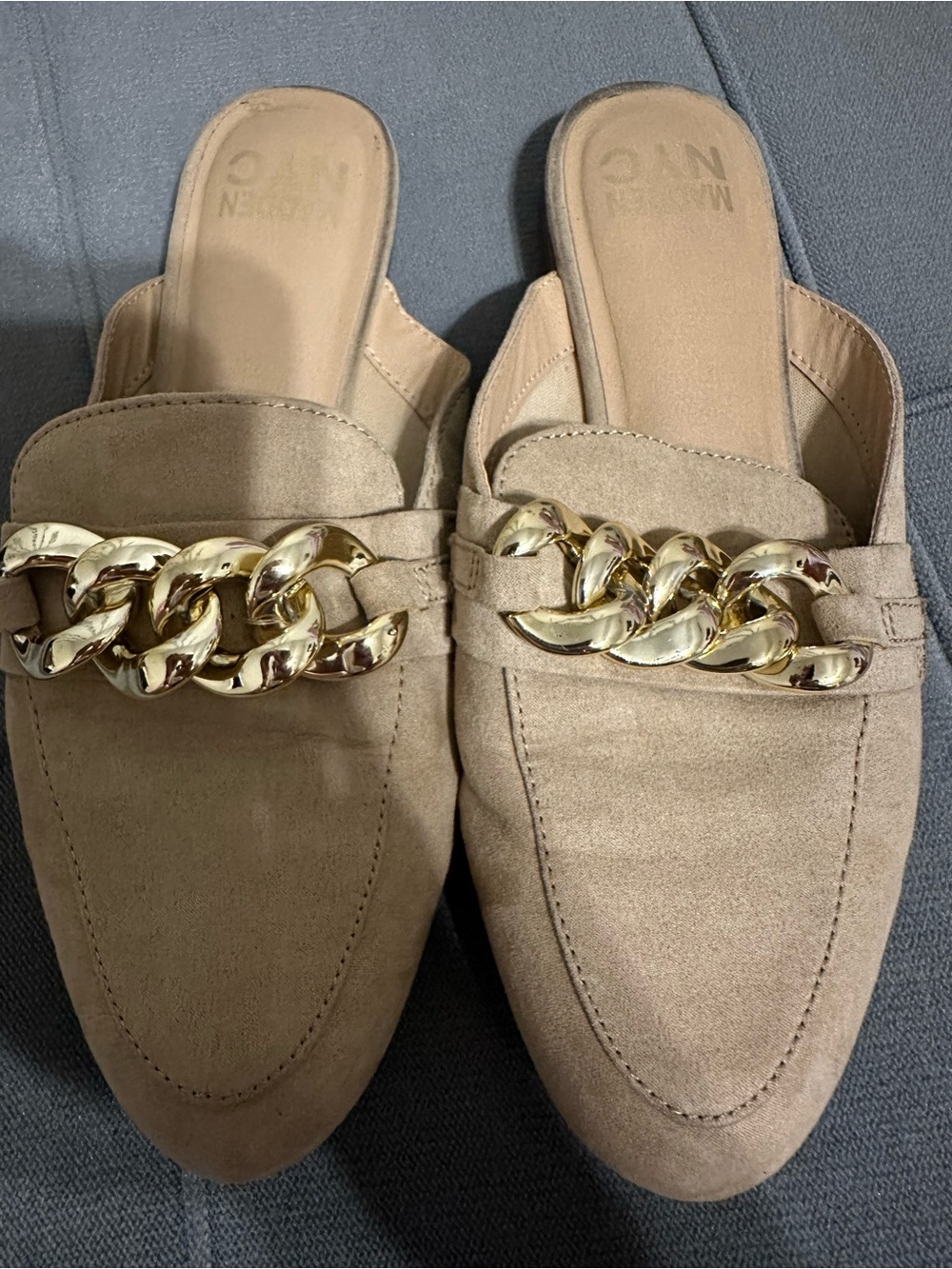 Madden Girl Beige Slip-On Mules with Gold Chain Accent
